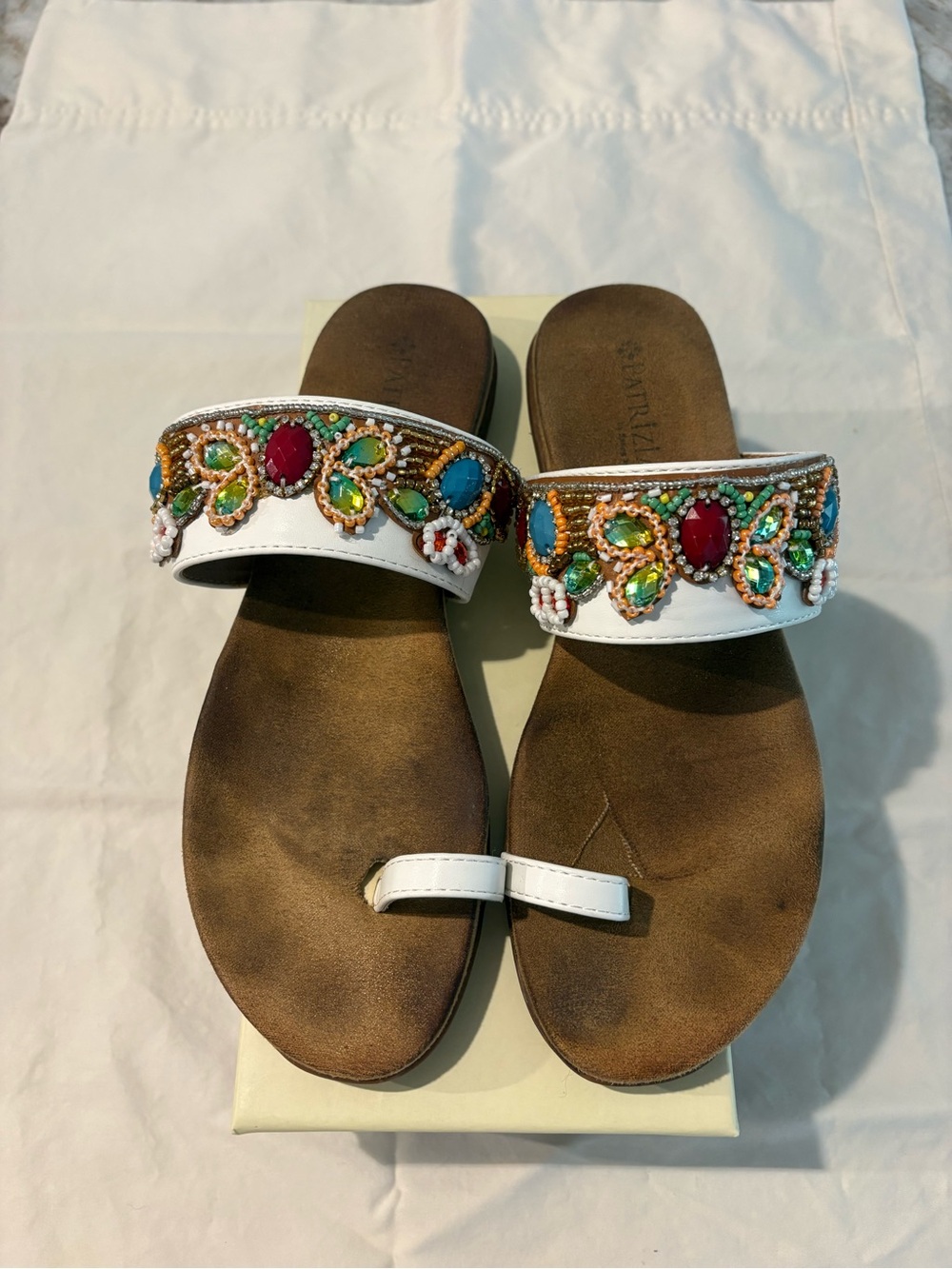 Patriza White Beaded Slide Sandals with Multicolor Gem Accents